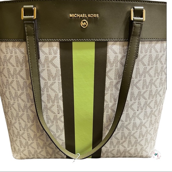 NWOT Michael Kors Center Stripe Morgan Large Tote Olive Multi - Picture 8 of 15